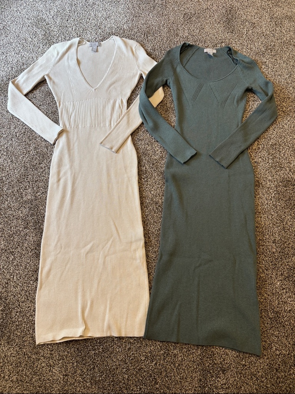 Bundle of 2 H&M Ribbed Long Sleeve Knit Midi Dresses in Cream and Olive Green